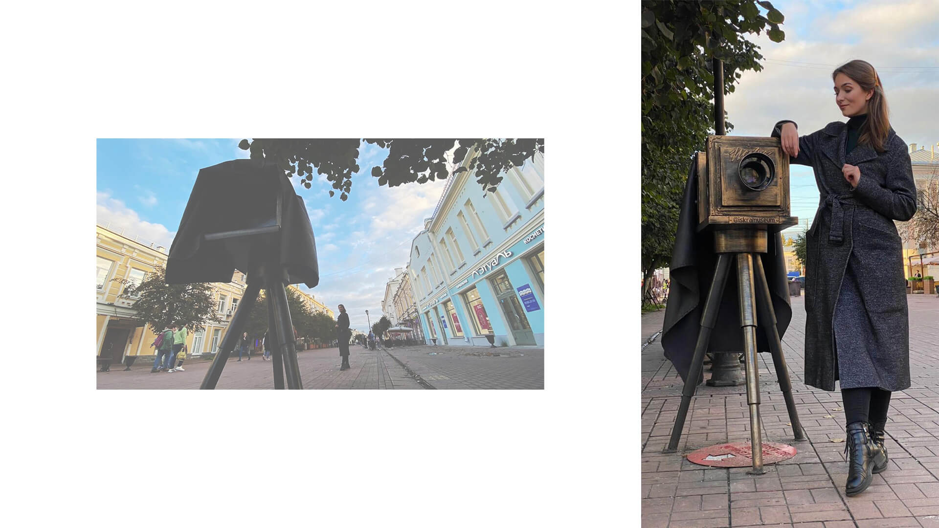 Фото на фоне скульптуры фотоаппарата на улице Трехсвятская 