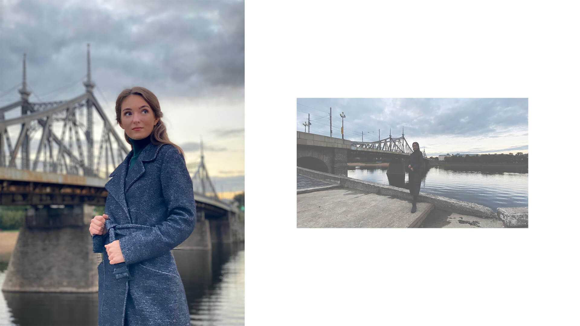 Селфи съёмка на смартфон на фоне старого волжского моста в Твери с девушкой 