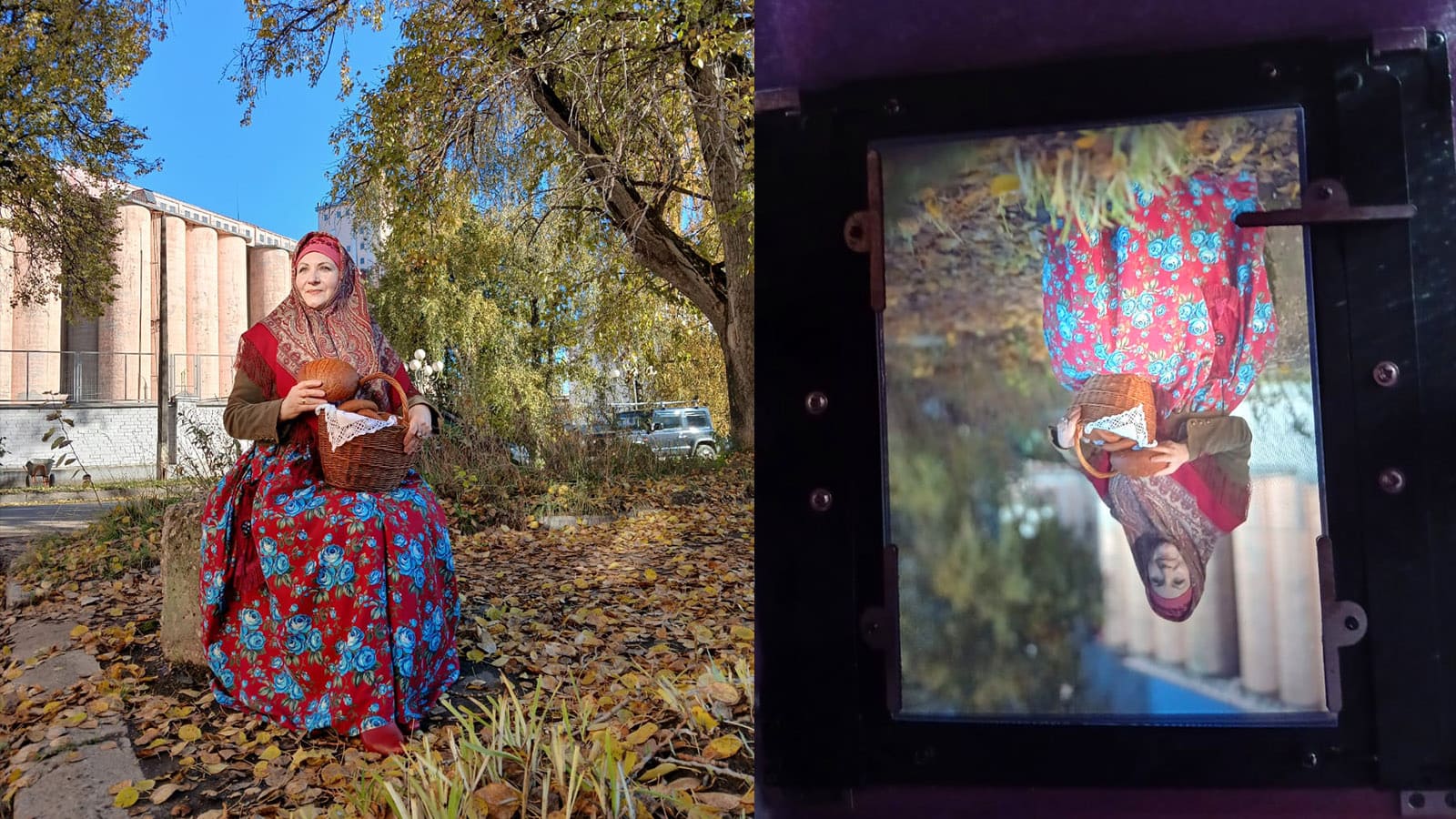 Изображение на матовом стекле винтажного фотоаппарата и реальное изображение